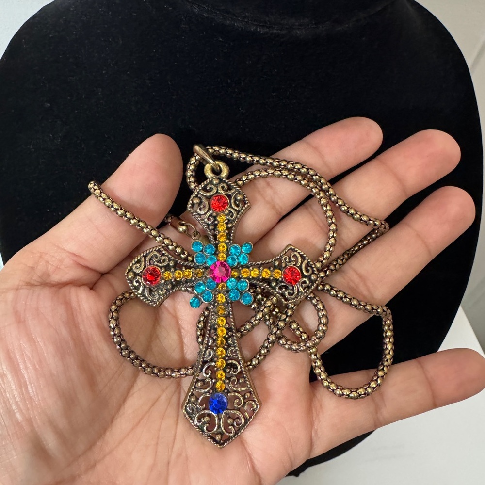 Multi color rhinestone cross necklace